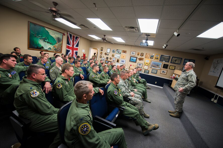 Air Force Chief of Staff Gen. Mark A. Welsh III conducts a Q-and-A session with an audience of 23d Fighter Group A-10C Thunderbolt II pilots at Moody Air Force Base, Ga., March 21, 2014. Welsh provided insight on the reasoning behind the recent budget proposal to phase out the airframe and the way ahead for affected pilots.  (U.S. Air Force photo by Airman 1st Class Ryan Callaghan/Released)