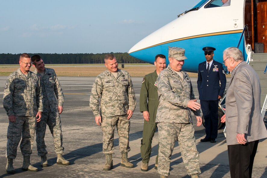 Air Force Chief of Staff Gen. Mark A. Welsh III greets Parker Greene, Moody Support Committee chairman, upon arrival to Moody Air Force Base, Ga., March 20, 2014. Welsh visited Moody to speak with Leadership Georgia, a group of influential civilians from around the state, as well as to host a forum with Moody’s A-10C Thunderbolt II pilots. (U.S. Air Force photo by Airman 1st Class Ryan Callaghan/Released)