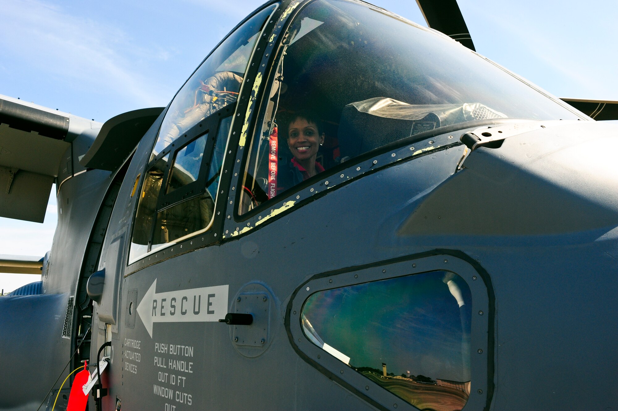 A National War College student sits in the cockpit of a CV-22 Osprey on the flightline at Hurlburt Field, Fla., March 21, 2014.  The students, including service members from all military branches and civilians from various federal departments, visited different military installations as part of their curriculum. (U.S. Air Force photo/Senior Airman Michelle Patten)