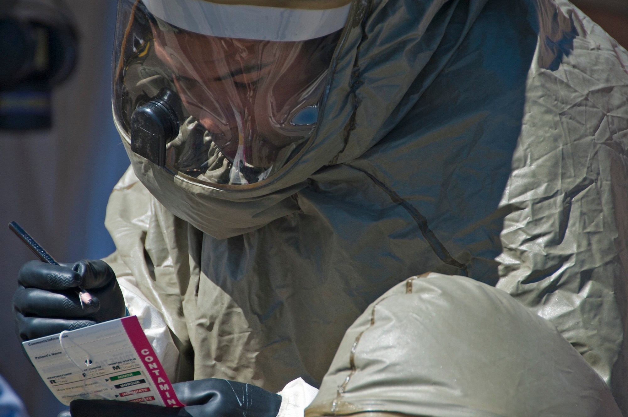 Airman 1st Class Elliot Jones, an aerospace medical technician, performs triage duties during a decontamination exercise March 13. The decontamination team had 20 minutes to assemble a shelter, get the water heater running, and have every member in their personal protective gear. The exercise was meant to enhance readiness for the unexpected and bring unity to the team. (U.S. Air force photo/Airman 1st Class Robert L. McIlrath)