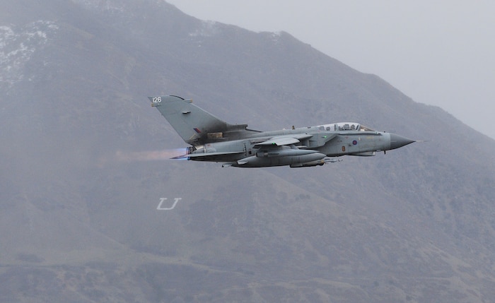 A Tornado GR4 departs Hill Air Force Base for a training mission March 6. A Royal Air Force Tornado Training Squadron from RAF Lossiemouth in Northern Scotland was detached to Hill AFB for three weeks and utilized the Utah Test and Training Range to drop a variety of weapons. The Tornado is a twin seat, all-weather, advanced low-level strike platform and is in its thirty-first year of operational service with the RAF. (U.S. Air Force photo by Alex R. Lloyd)

