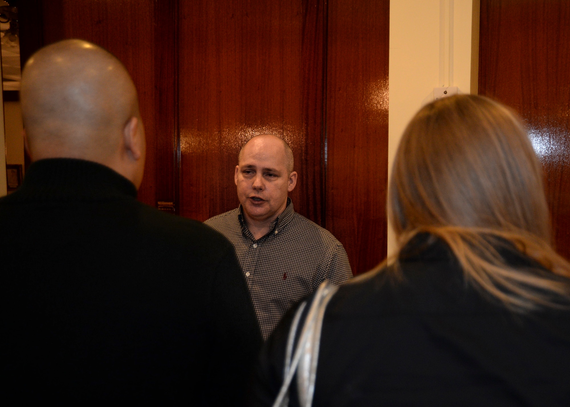 Bill Novak, Human Resource specialist for civilian personnel, explains the hiring process and qualifications needed to apply for most base jobs at the Employment and Volunteer Fair at Eagle’s Landing on Royal Air Force Lakenheath, England, March, 19, 2014. The fair provided civilian and military personnel with insight on job and volunteer opportunities provided on base and in the local area. (U.S. Air Force photo by Airman 1st Class Nigel Sandridge/Released)