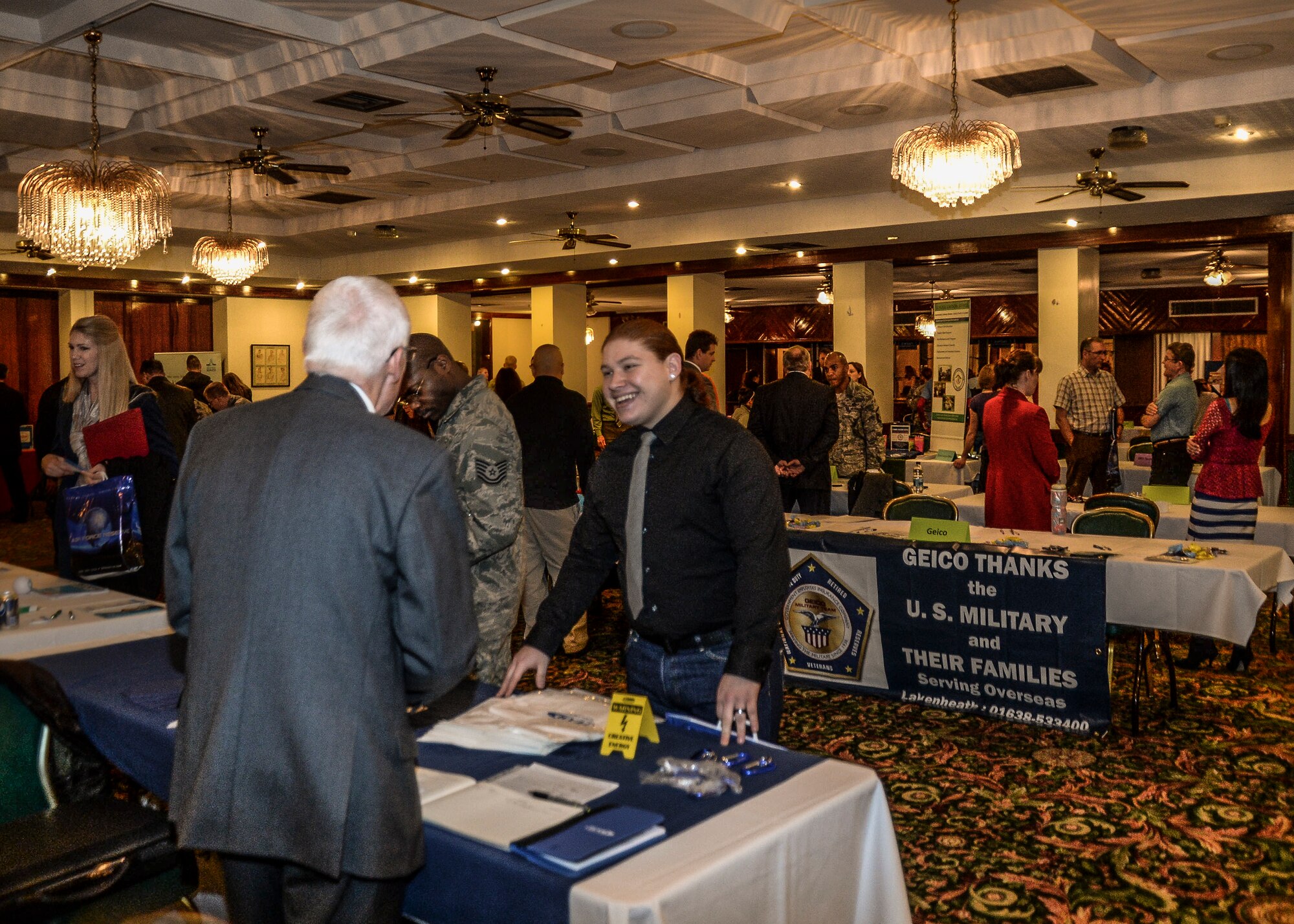 More than 100 people attended the Employment and Volunteer Fair at Eagle’s Landing on Royal Air Force Lakenheath, England, March, 19, 2014. The fair provided civilian and military personnel with insight on job and volunteer opportunities provided on base and in the local area. (U.S. Air Force photo by Airman 1st Class Nigel Sandridge/Released)