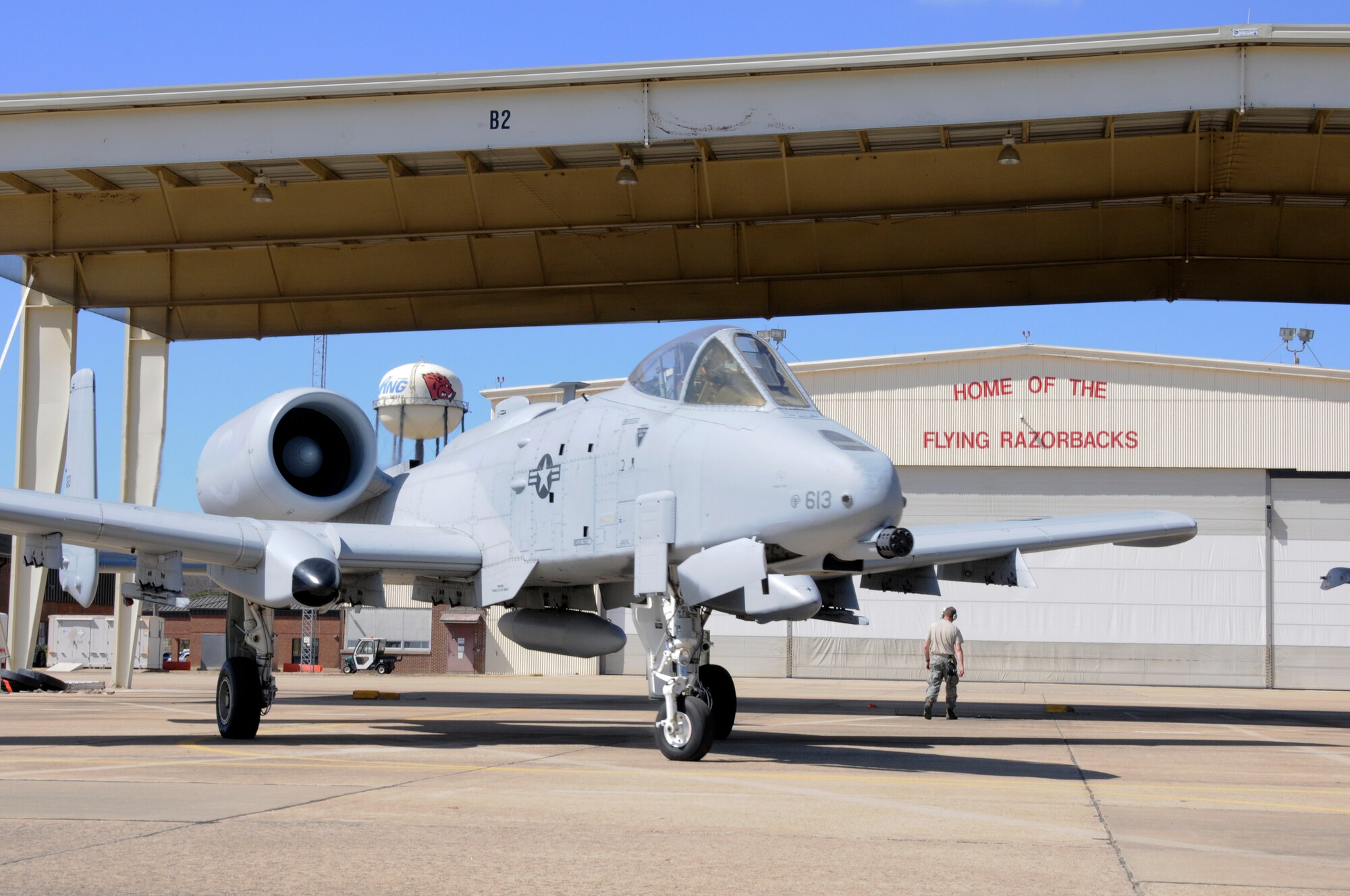 A pilot from the 23rd Wing in Moody Air Force Base, Ga., taxis on the ramp at Ebbing Air National Guard Base, Fort Smith, Ark. The pilot delivered the 188th A-10C Thunderbolt II "Warthog" (Tail No. 613) from Ebbing ANG Base to Moody AFB March 11, 2014, as part of the 188th's mission conversion from the A-10 to a remotely piloted aircraft, intelligence and targeting mission. The 188th has five remaining A-10s on station. The next A-10 is slated to depart in April. The final two aircraft are scheduled to leave the 188th June 7, 2014. (U.S. Air National Guard photo by Tech Sgt. Josh Lewis/Released)