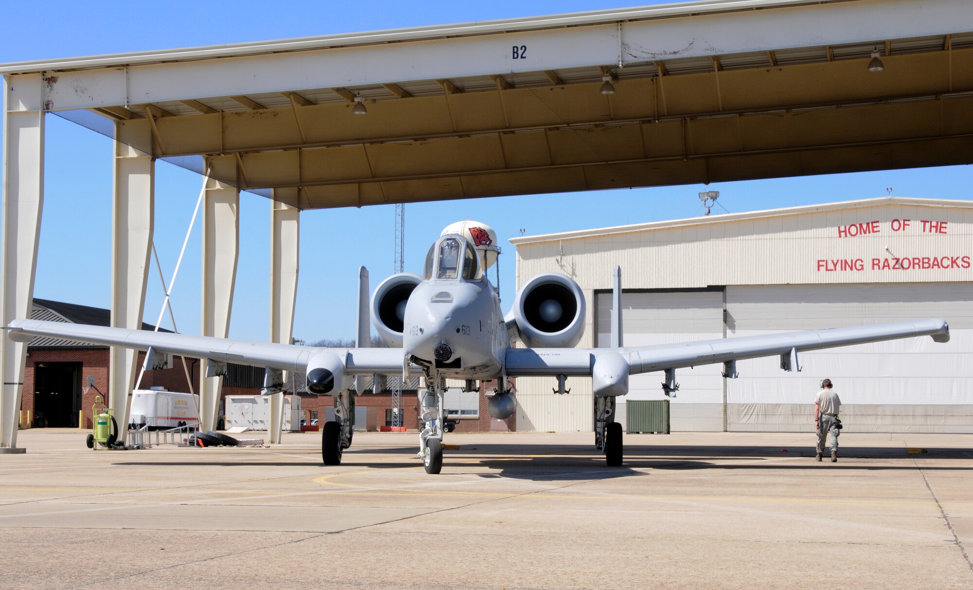A pilot from the 23rd Wing in Moody Air Force Base, Ga., taxis on the ramp at Ebbing Air National Guard Base, Fort Smith, Ark. The pilot delivered the 188th A-10C Thunderbolt II "Warthog" (Tail No. 613) from Ebbing ANG Base to Moody AFB March 11, 2014, as part of the 188th's mission conversion from the A-10 to a remotely piloted aircraft, intelligence and targeting mission. The 188th has five remaining A-10s on station. The next A-10 is slated to depart in April. The final two aircraft are scheduled to leave the 188th June 7, 2014. (U.S. Air National Guard photo by Tech Sgt. Josh Lewis/Released)