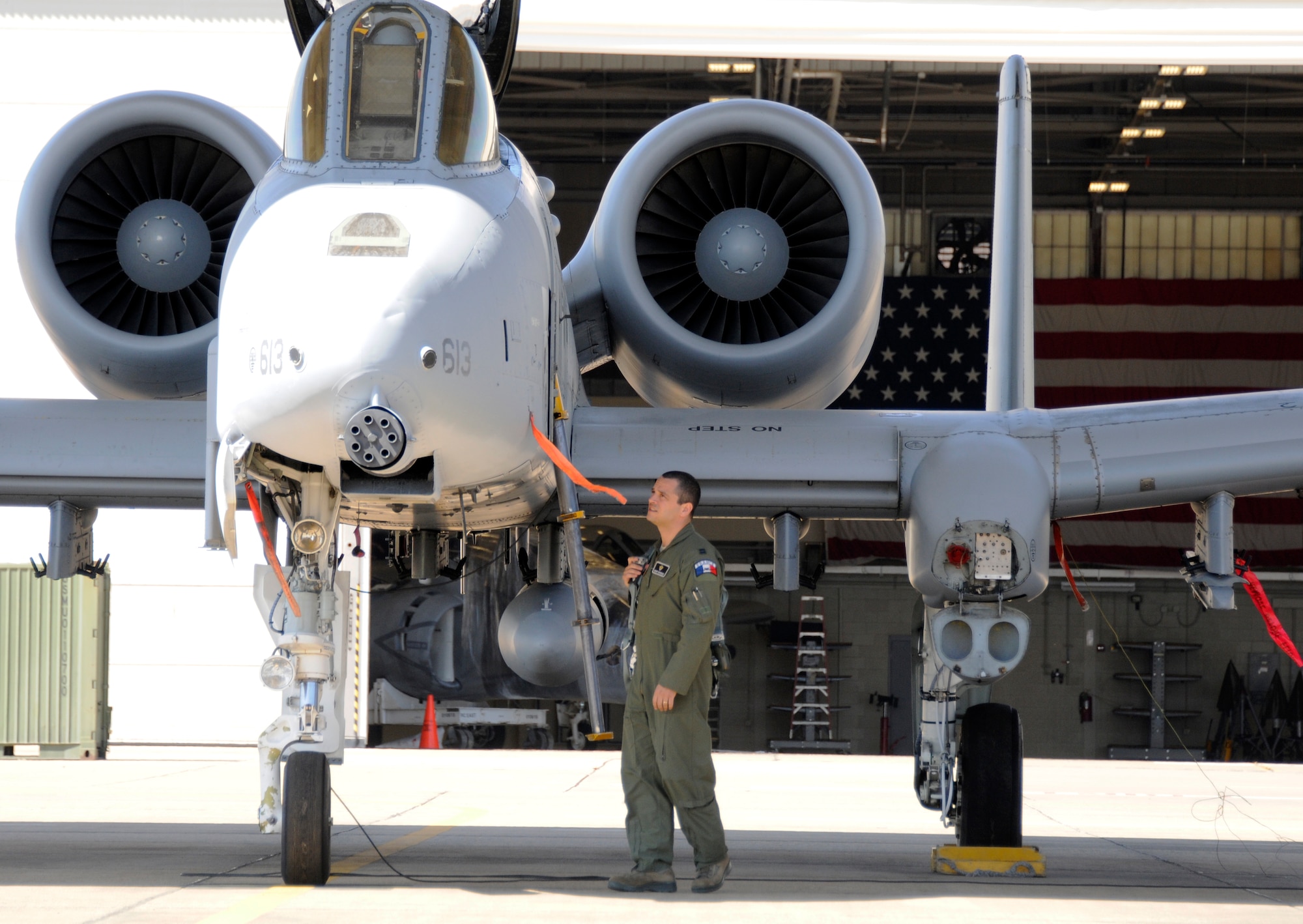 A pilot with the 23rd Wing conducts a preflight inspection on a 188th Fighter Wing A-10C Thunderbolt II "Warthog" (Tail No. 613) at Ebbing Air National Guard Base, Fort Smith, Ark. The aircraft was delivered from the 188th Fighter Wing to Moody Air Force Base, Ga., March 11, 2014, as part of the 188th's mission conversion from the A-10 to a remotely piloted aircraft, intelligence and targeting mission. The 188th has five remaining A-10s on station. The next A-10 is slated to depart in April. The final two aircraft are scheduled to leave the 188th June 7, 2014. (U.S. Air National Guard photo by Tech Sgt. Josh Lewis/Released)