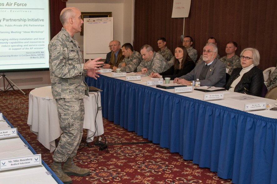 HANSCOM AIR FORCE BASE, Mass. - Col. Lester A. Weilacher, 66th Air Base Group commander, addresses base and community leaders at the outset of the Community Partnership Initiative kick-off meeting March 19 at the Minuteman Commons. The Community Partnership Initiative is a forum for base leaders and local communities to discuss potential shared-service arrangements. (U.S. Air Force photo by Rick Berry)