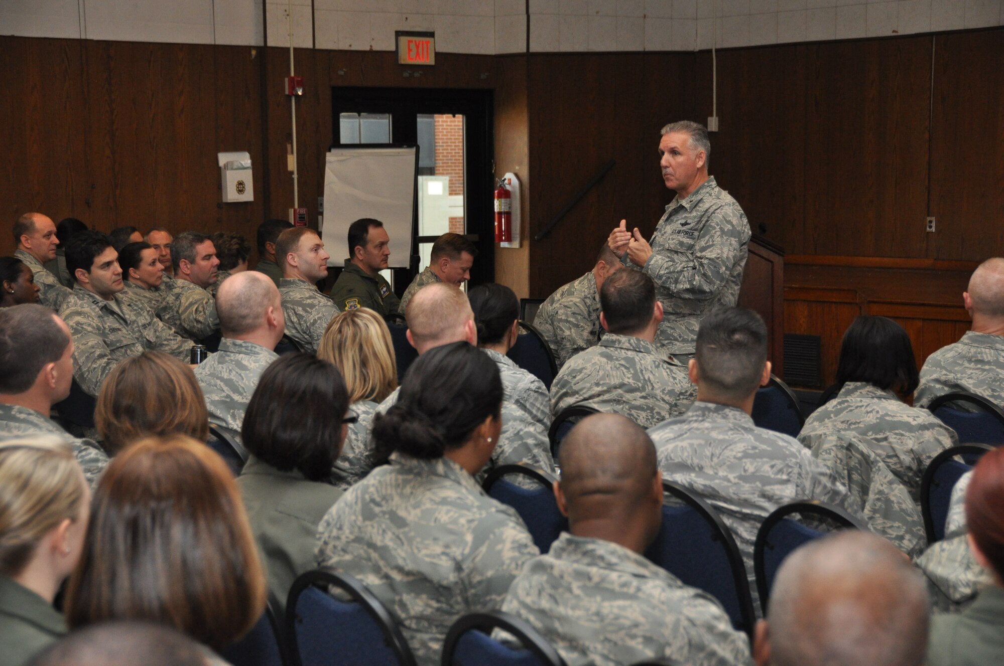 Air Force Brig. Gen. John Flournoy, commander, Fourth Air Force, March Air Reserve Base, Calif., talks to officers during an officer’s call at the 459th Air Refueling Wing, Joint Base Andrews, Md., March 15, 2014. Flournoy visited the wing to talk to Airmen and answer questions related to Reserve issues. (U.S. Air Force photo/ Staff Sgt. Brent Skeen)