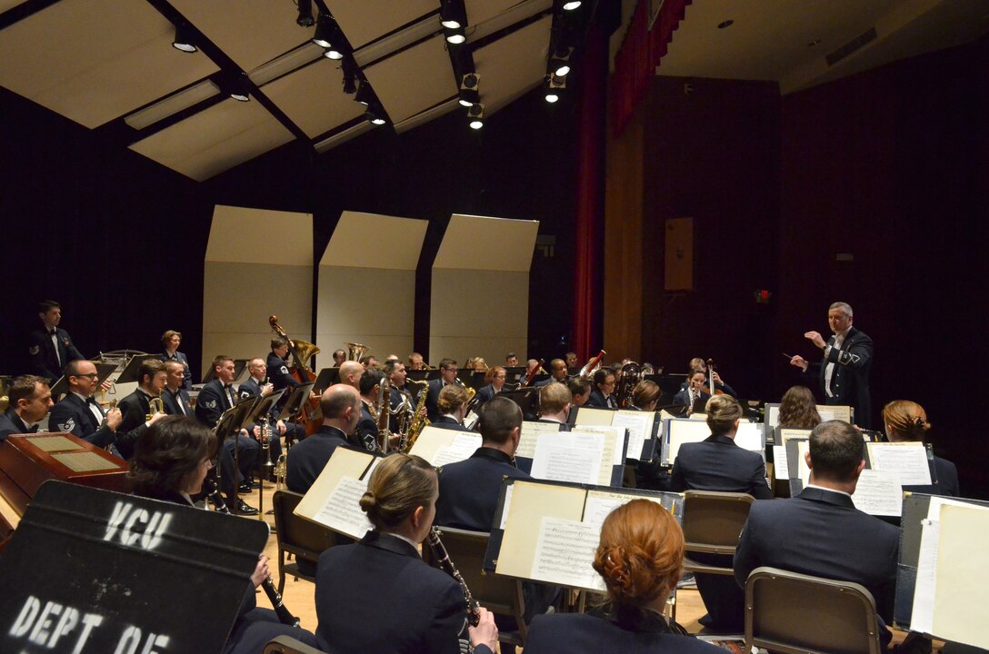 Col Lang leads the USAF Concert Band as well as students from Virginia Commonwealth University in a performance of John Philip Sousa's "The Thunderer" on a February 7, 2014 concert in Richmond, VA.  Prior to the concert, band members engaged with students by teaching masterclasses and answering questions about music and careers with the Air Force (US Air Force photo by SMSgt Eric Sabatino/released).