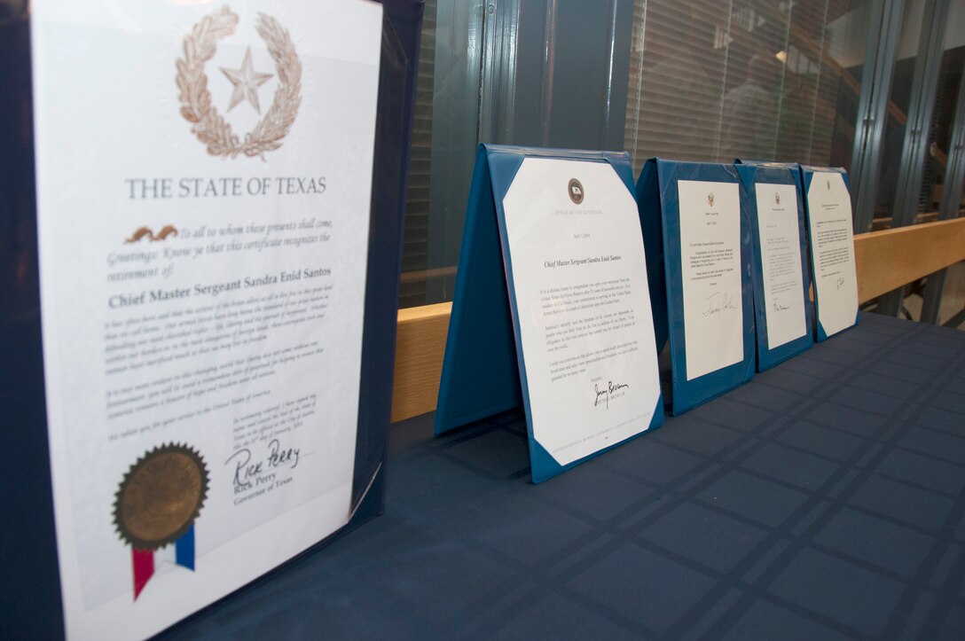 TRAVIS AIR FORCE BASE, Calif. -- Chief Master Sgt. Sandra "Sunny" Santos, 349th Air Mobility Wing, retired after nearly 33 years of service at a ceremony March 9, at Travis Air Force Base, Calif. (U.S. Air Force photos / Master Sgt. Rachel Martinez)

