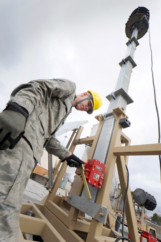 Airman 1st Class Robert Ringer III, RF Transmission Systems Technician, sets up one of four new Whelen Giant Voice systems in order to demonstrate the new technology for 5th Combat Communications Group leaders. (U.S. Air Force photo by Tommie Horton)