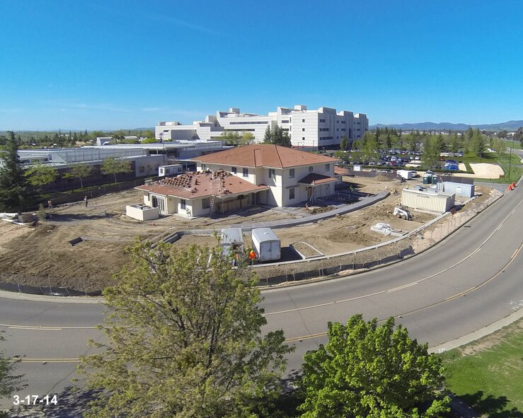 A point-of-view aerial view of Fisher House II under construction, as seen from the DJI Phantom 1 aerial multirotor platform with GoPro H3 sports camera operated by Gil Gardner, 60th Medical Group medical multimedia manager. (Courtesy photo)