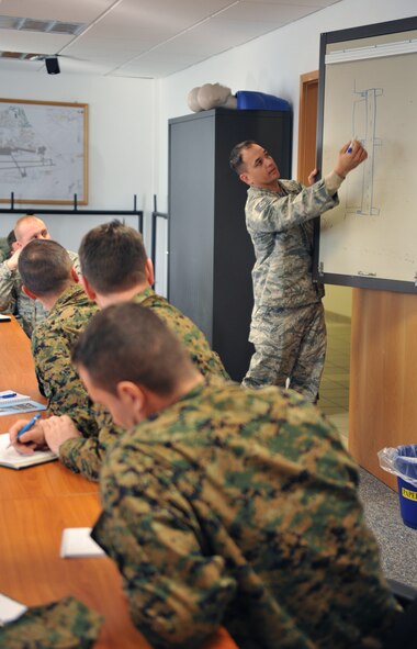 Tech. Sgt. James Hickman, 435th Construction and Training Squadron contingency and rescue training NCOIC, draws a diagram of a runway during the Firefighters Fundamentals Course, March 11, 2014, at Ramstein Air Base, Germany. The course consisted of hands-on simulations and classroom portions allowing service members to learn about different fire rescue techniques. (U.S. Air Force photo/Senior Airman Hailey Haux)