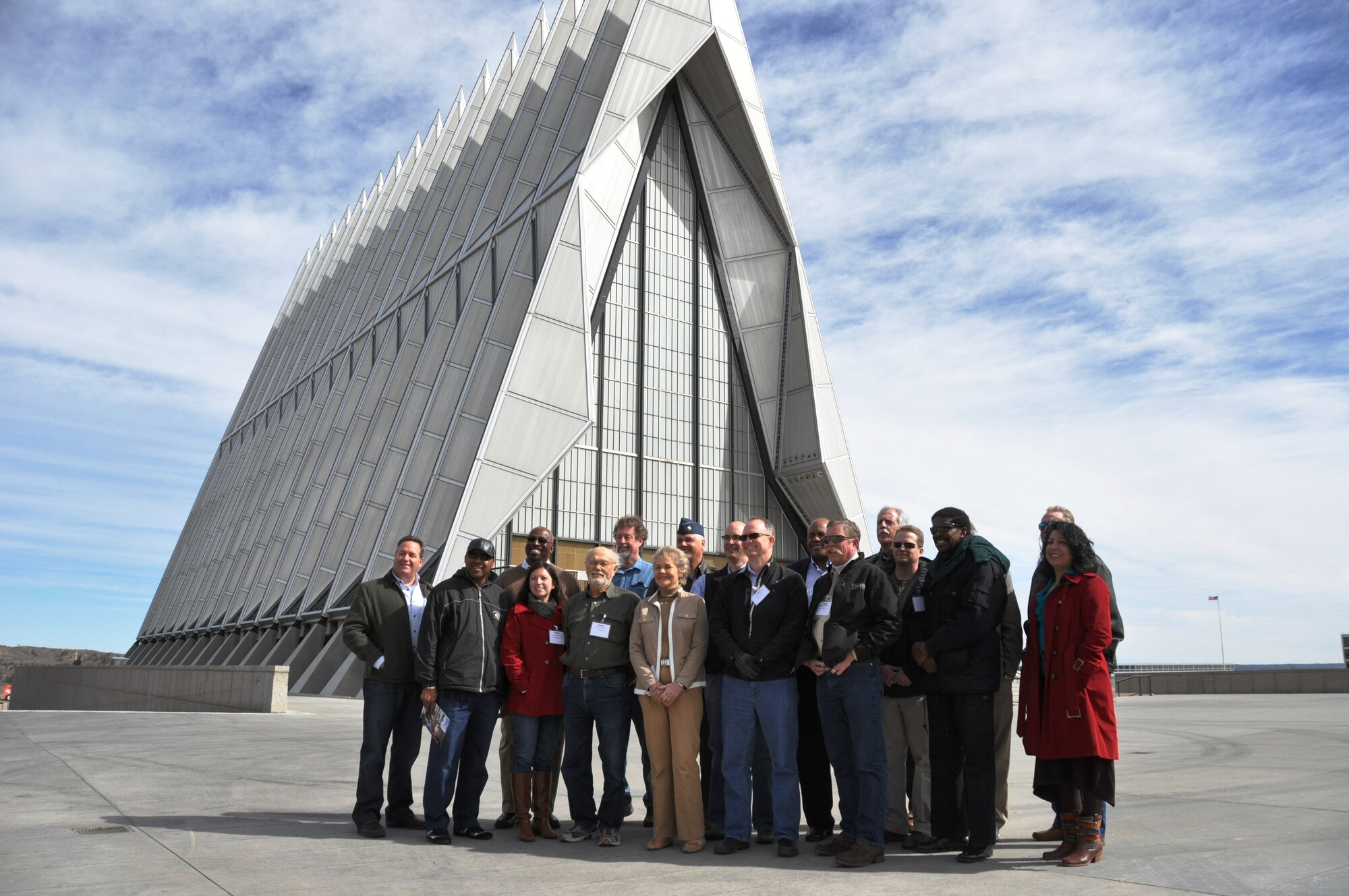 Civic Leaders from the greater San Antonio, Texas area during a tour to Colorado Springs, Colo.  pose for a photo in front of the U.S. Air Force Academy's Cadet Chapel in Colorado Springs, Colo., on March 21, 2014. The Chapel houses three worship areas for members of the Protestant, Catholic, Jewish and Buddhist faiths. (U.S. Air Force photo by Tech Sgt. Carlos J. Trevino)
