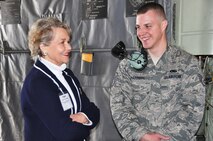 Staff Sgt. Kyle Parrish, a 52nd Airlift Squadron electrical environmental systems journeyman, chats with Darlene Gleinser, Senior Vice President, Business Banking with Comerica Bank, on March 21, 2014 during the 433rd Airlift Wing's Civic Leaders tour to Colorado Springs, Colo. The 17 greater San Antonio area civic leaders also visited the United States Air Force Academy. (U.S. Air Force photo by Tech Sgt. Carlos J. Trevino) 