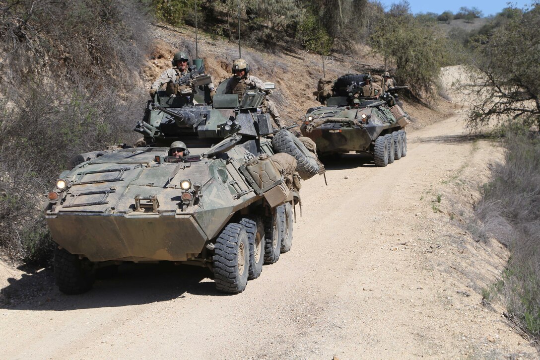 FORT HUNTER LIGGETT, Calif. - Marines with 1st Light Armored Reconnaissance, Battalion Landing Team 2nd Battalion, 1st Marines, 11th Marine Expeditionary Unit conduct a standard reconnaissance patrol using Light Armored Vehicles during Realistic Urban Training Marine Expeditionary Unit Exercise (RUTMEUEX) 14-1 at Fort Hunter Liggett, Calif., March 22. 1st LAR drove three LAVs on different types of terrain including shallow rivers, mud patches and steep hills to give the drivers more experience driving in unfavorable conditions.
(U.S. Marine Corps photo by Cpl. Demetrius Morgan/RELEASED)