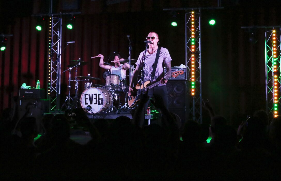 Eve 6 performs for Combat Center Marines and sailors during the Leatherneck Comedy Tour at the base theater, March 14, 2014. The tour, which travels throughout various Marine Corps installations, provides entertainment to service members around the world.