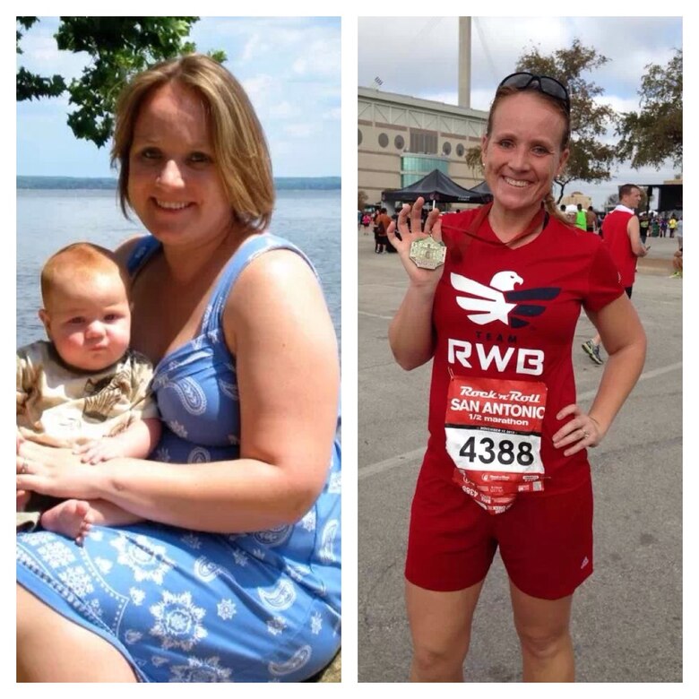 Left: Then Air Force Tech. Sgt. April Lapetoda poses for a photo with her 5 month old baby. 

Right: Air Force Master Sgt. April Lapetoda poses for a photo after completing her sixth half marathon and losing 100 pounds.
