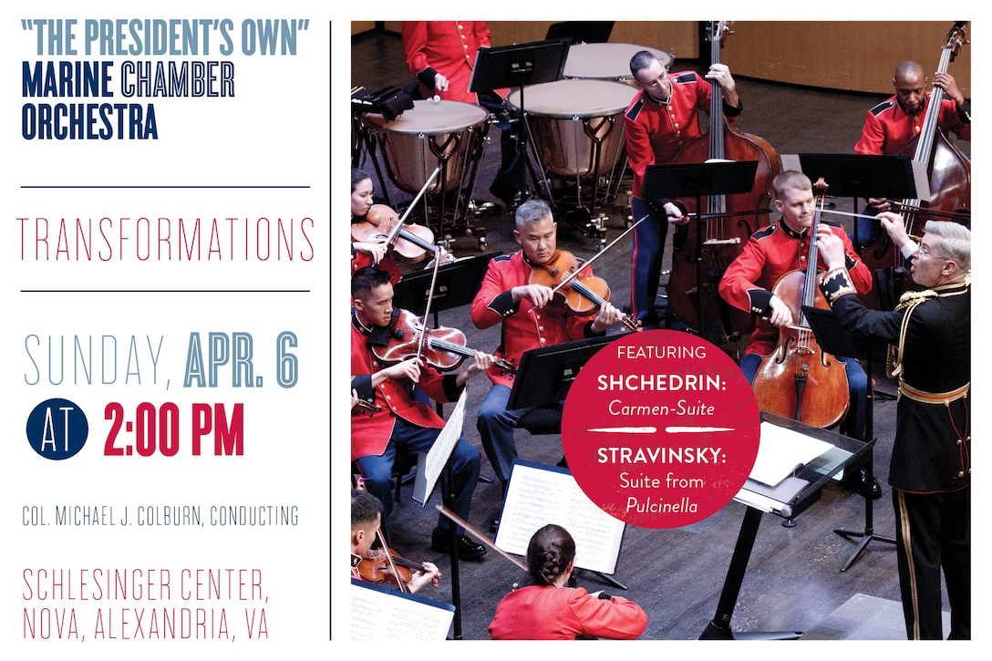 The term “transformation” can best describe the two works on this program by Russian composers Rodion Shchedrin and Igor Stravinsky. Shchedrin provides a new take on the music from Georges Bizet’s beloved opera Carmen. Scored for strings and percussion, it is “a creative meeting of the minds” of Bizet and Shchedrin, and it has become the Russian composer’s best-known work. Stravinsky’s Pulcinella was composed at the request of ballet impresario Serge Diaghilev and based upon the 18th century theatrical style known as Commedia dell’arte. Stravinsky masterfully blends Italian composer Giovanni Pergolesi’s classical melodies with his own distinctive rhythmic and harmonic language to create a work that is considered by many to be the best example of his Neoclassical period. The concert is free and open to the public. The Rachel M. schlesinger Concert Hall and Arts center, NOVA is located at 3001 N. Beauregard St., Alexandria, VA; parking for $6.