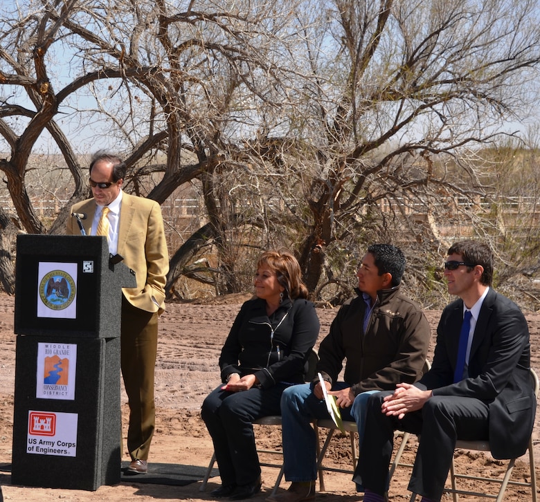 SAN ACACIA, N.M., -- John D’Antonio, the District’s deputy district engineer and chief of  Planning, Programs and Project Management Division, speaks about the flood control project while New Mexico Governor Susana Martinez;  Derick Lente from the MRGCD; and N.M. Environmental Department Secretary Ryan Flynn look on, March 19, 2014.