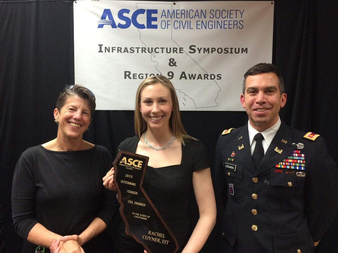 Rachel Coyner, a San Francisco District project engineer, was presented the "2013 Outstanding Younger Civil Engineer in the State of California" award during the 2013 American Society of Engineers (ASCE) region 9 awards ceremony March 14. 

The ASCE Region 9 Individual Awards were presented at the 2014 California Infrastructure Symposium Awards Dinner to recognize individuals for outstanding achievements or leadership in civil engineering, or who through their work, support and advance the profession. Rachel Coyner currently serves as the ASCE San Francisco Younger Member Forum President and has been active in the ASCE organization since 2008 when she joined as a University of Nevada, Reno student member.
 
Rachel (Center) was joined by Lyn Gillespie, district ETS chief and Maj. Adam Czekanski, district deputy commander at the awards ceremony.