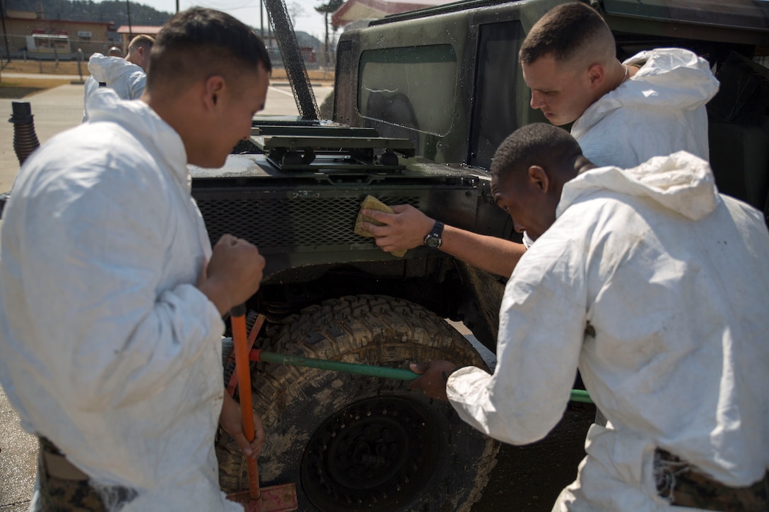 U.S. Marines clean a Humvee March 17 at Camp Mujuk in Pohang, Republic of Korea. The Humvees used in support of the Marine Expeditionary Force Exercise 2014. MEFEX 14 exercises the interoperability and combined capability of ROK and U.S. Marine Corps forces and is a tribute to the maturity of the ROK and U.S. relationship. The U.S. Marines are with various units under III Marine Expeditionary Force.