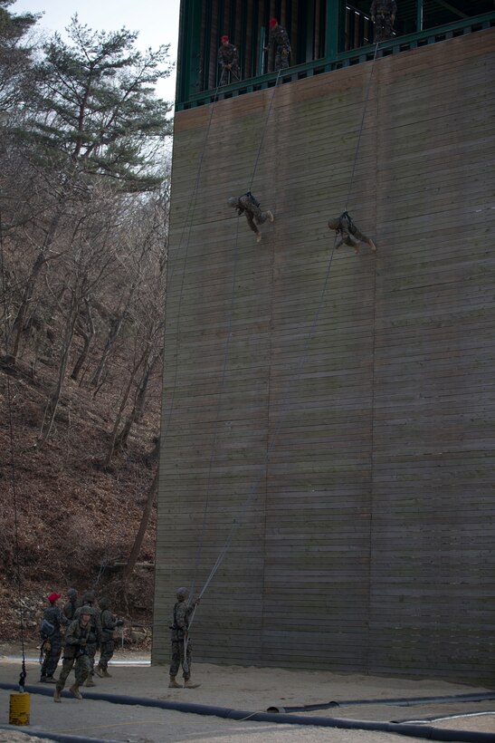 U.S. Marines rappel from a 50-foot tower Australian style under the supervision of Republic of Korea Marine instructors March 18 during the Mountain Warfare Training Course at the Mountain Warfare Training Center in Pohang, Republic of Korea. The U.S. Marines participating in the course are with III Marine Expeditionary Force and are in the Republic of Korea in support of the Marine Expeditionary Force Exercise 2014. MEFEX 14 is a tribute to the maturity of the ROK and U.S. relationship and exercises the interoperability and combined amphibious capability of the ROK and U.S Marine Corps. 