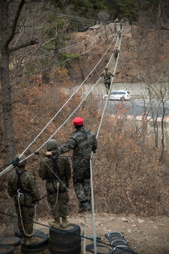 U.S. Marines navigate a rope bridge under the supervision of Republic of Korea Marine Instructors March 19 during the Mountain Warfare Training Course at the Mountain Warfare Training Center in Pohang, Republic of Korea. The U.S. Marines participating in the course are with III Marine Expeditionary Force and are in the ROK in support of the Marine Expeditionary Force Exercise 2014. The U.S. Marine Corps team are committed to the ROK and U.S. Alliance and regularly exercise to ensure interoperability and maintain strong working relationships. 