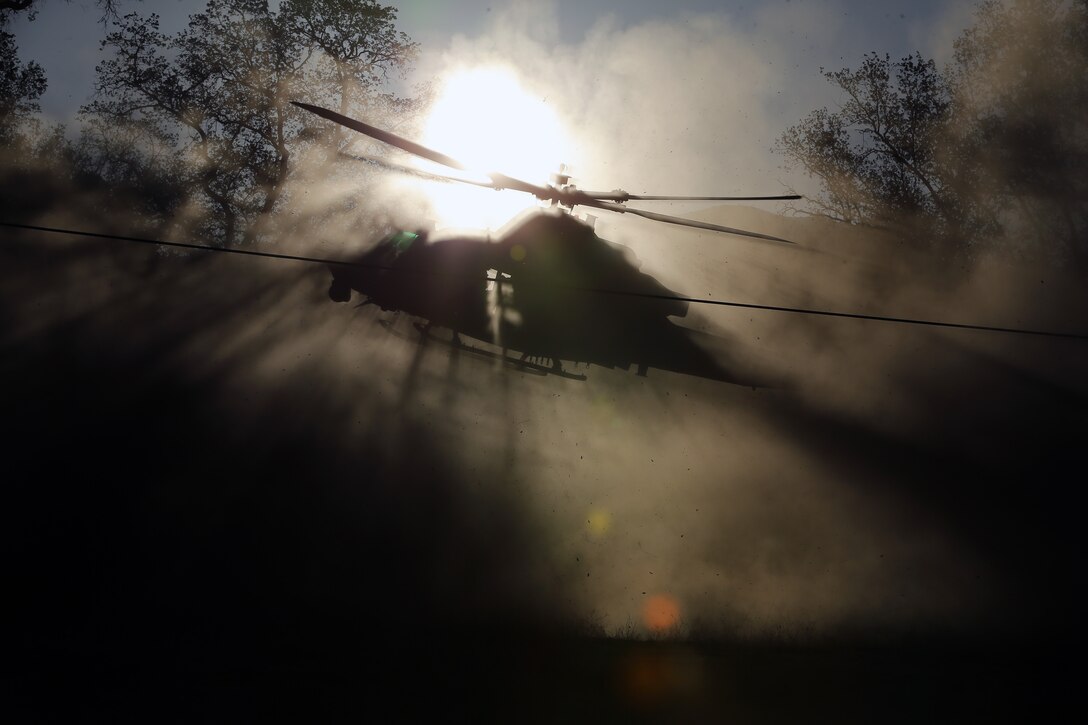 A UH-1Y Huey from VMM-163 (REIN) lands for a simulated casualty evacuation for a consulate reinforcement scenario during Realistic Urban Training Marine Expeditionary Unit Exercise (RUTMEUEX) 14-1, Fort Hunter Liggett, Calif., March 21, 2014. RUTMEUEX will prepare the 11th MEU Marines for their upcoming deployment, enhancing Marines' combat skills in environments similar to those they may find in future missions. (Photo by: U.S. Marine Corps Cpl. Jonathan R. Waldman, 11th Marine Expeditionary Unit Combat Camera/Released)