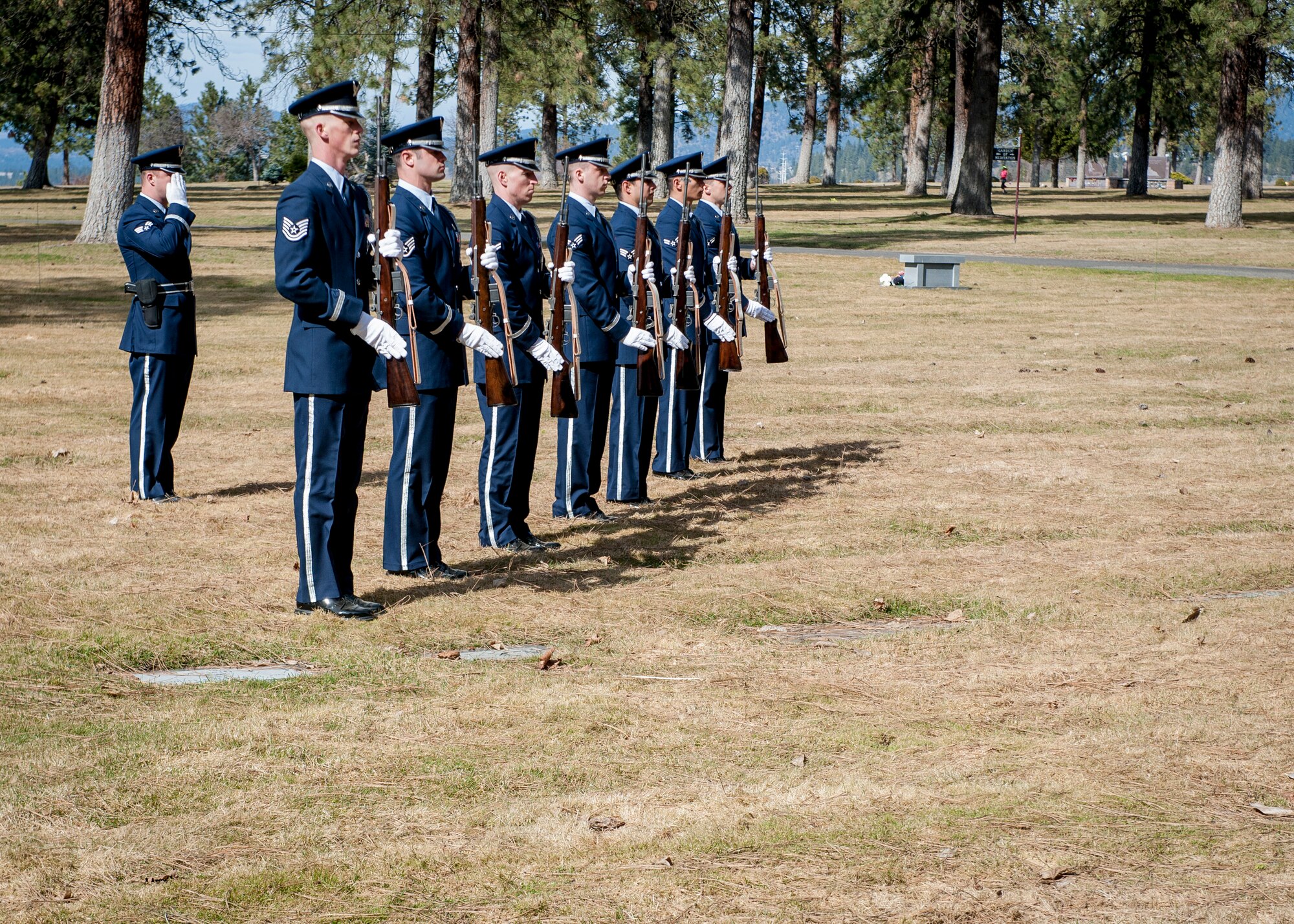 Members of the Fairchild Air Force Base Honor Guard’s firing team salute as taps is played during a funeral service honoring Cpl. Lester Zornes at Fairmount Memorial Park in Spokane, Wash., March 22, 2014. Zornes was flying to England to prepare 82nd Airborne paratroopers for dropping behind enemy lines at Normandy on D-Day. Due to weather instability over the North Atlantic, the aircraft and crew diverted to the alternate route over the South Atlantic when the starboard engine on their C-47 Skytrain gave out crashing and immediately bursting into flames on March 22, 1944. Zornes was 19 with a career in Foreign Service that lasted just 11 days. (U.S. Air Force photo by Staff Sgt. Benjamin W. Stratton/Released)