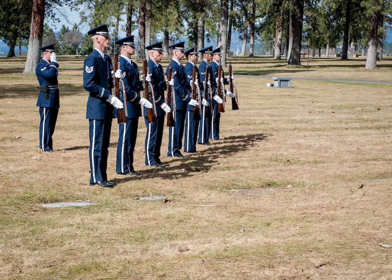 Members of the Fairchild Air Force Base Honor Guard’s firing team salute as taps is played during a funeral service honoring Cpl. Lester Zornes at Fairmount Memorial Park in Spokane, Wash., March 22, 2014. Zornes was flying to England to prepare 82nd Airborne paratroopers for dropping behind enemy lines at Normandy on D-Day. Due to weather instability over the North Atlantic, the aircraft and crew diverted to the alternate route over the South Atlantic when the starboard engine on their C-47 Skytrain gave out crashing and immediately bursting into flames on March 22, 1944. Zornes was 19 with a career in Foreign Service that lasted just 11 days. (U.S. Air Force photo by Staff Sgt. Benjamin W. Stratton/Released)
