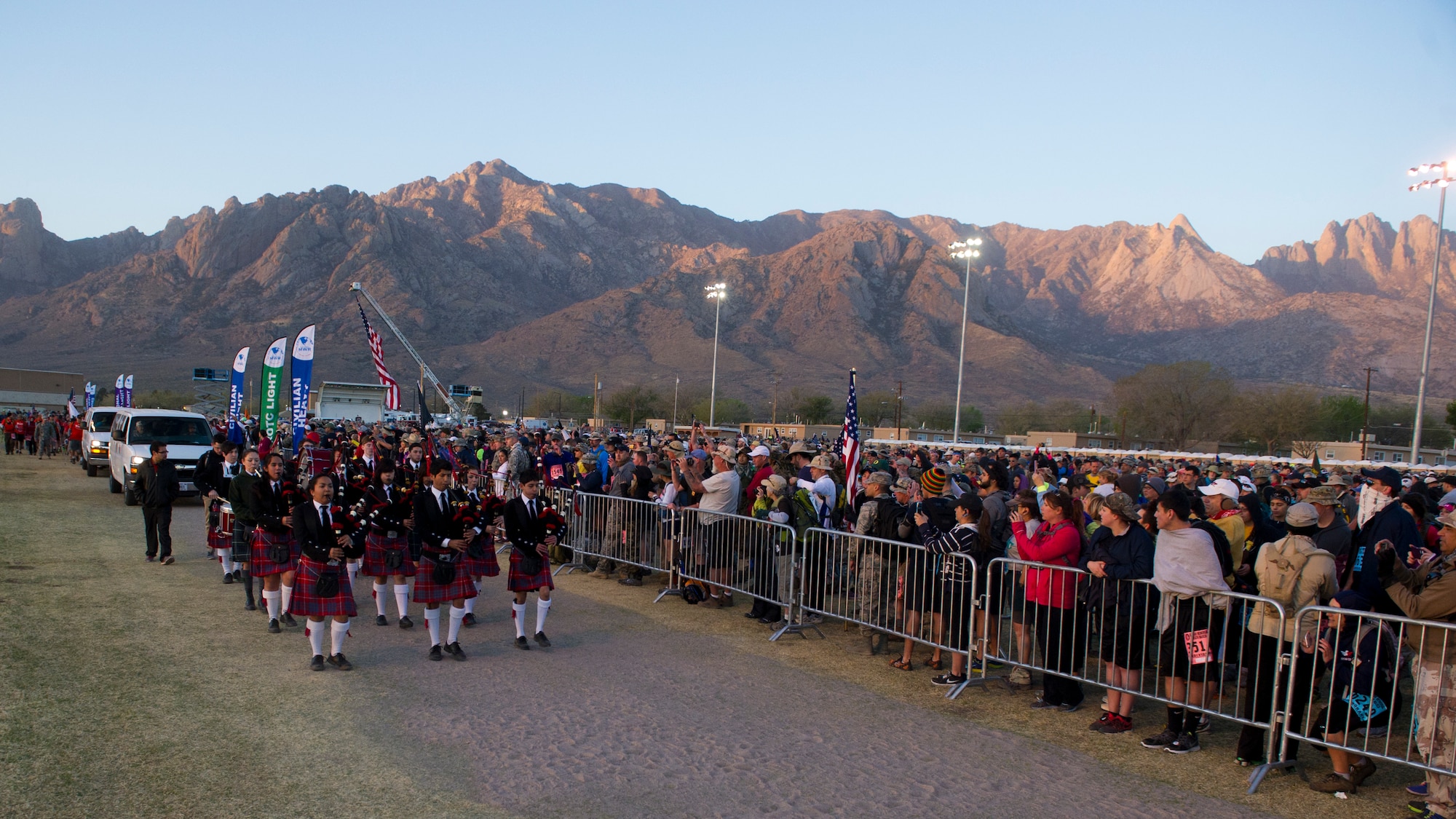 Bagpipers play music during the beginning of the 25th annual Bataan Memorial Death March at White Sands Missile Range, N.M., March 23. Over 6,200 participants came to honor more than 76,000 Prisoners of War and Missing in Action from Bataan and Corregidor during World War II. The 26.2-mile course starts on WSMR, enters hilly terrain and finishes through sandy desert trails, with elevation ranging from 4,100 to 5,300 feet. (U.S. Air Force photo by Airman 1st Class Chase Cannon / Released)