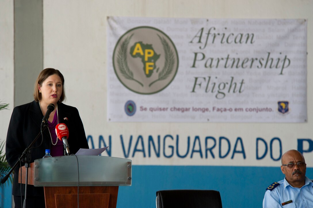 Heather Merritt U.S. Embassy to Angola charge d'affaires, delivers a speech during the opening ceremony for African Partnership Flight Angola 2014 on Luanda Air Base, Angola, March 24, 2014. The intention of APF is to strengthen the regional partnerships within Africa by improving the proficiency and readiness of key mission areas through a collaborative learning environment. (U.S. Air Force photo/Tech. Sgt. Benjamin Wilson)(Released)