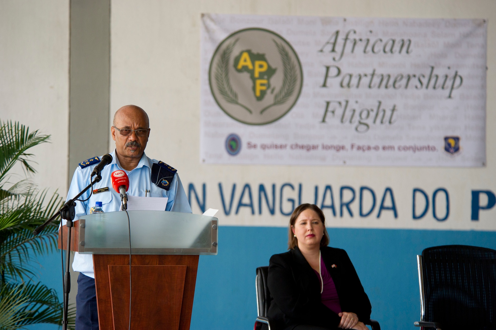 Lt. Gen. Domingos Adriano de Silva Neto, Angolan air force air chief, delivers a speech during the opening ceremony for African Partnership Flight Angola 2014 on Luanda Air Base, Angola, March 24, 2014. The intention of APF is to strengthen the regional partnerships within Africa by improving the proficiency and readiness of key mission areas through a collaborative learning environment. (U.S. Air Force photo/Tech. Sgt. Benjamin Wilson)(Released)