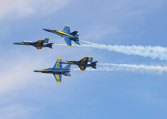 The Blue Angels demonstrate a four-craft split from their tight formation during the final performance at the Inaugural L.A. County Air Show March 21. (U.S. Air Force photo by Kenji Thuloweit)