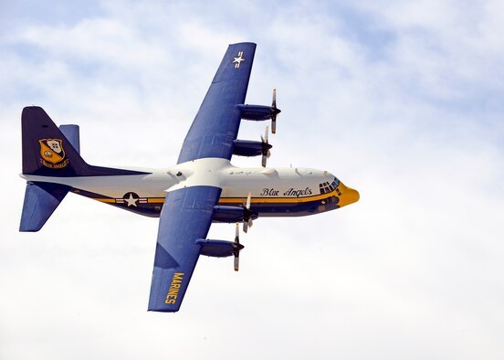 A special performance by the Blug Angels C-130 support aircraft "Fat Albert" preceded the final show of the day by the six-aircraft performance demonstration team during the L.A. County Airshow March 21-22. Fat Albert supports the team along with all its equipment and maintenance crews. (U.S. Air Force photo by Kenji Thuloweit)