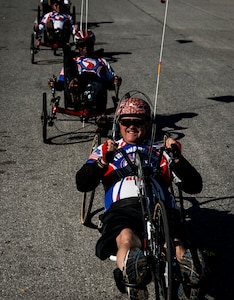 Ronald Mayfield, Warrior Ride cyclist, leads a group of 45 riders through Charleston, S.C., during the Warrior Ride March 21, 2014 in Charleston. Warrior Ride is a non-profit organization that uses adaptive bicycling and other morale building events, such as kayaking and golf, as a tool for recreation and rehabilitation for our injured war heroes. (U.S. Air Force photo/ Senior Airman Dennis Sloan)