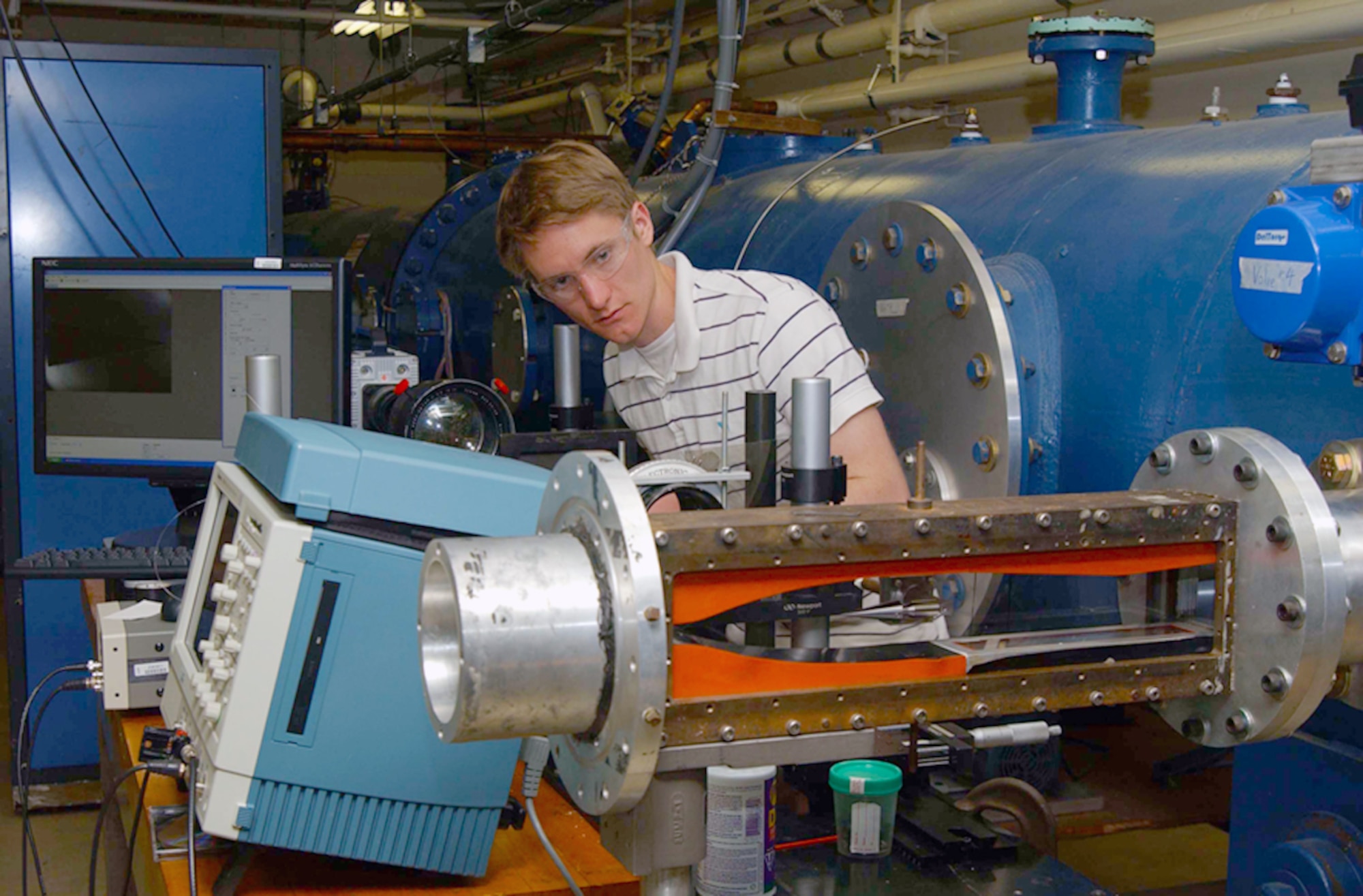 Colin Vandercreek, a University of Maryland student, is shown here working in the Arnold Engineering Development Complex (AEDC) White Oak Student Lab developing non-intrusive diagnostics for use in the Hypervelocity Wind tunnel 9. (Photo provided)
