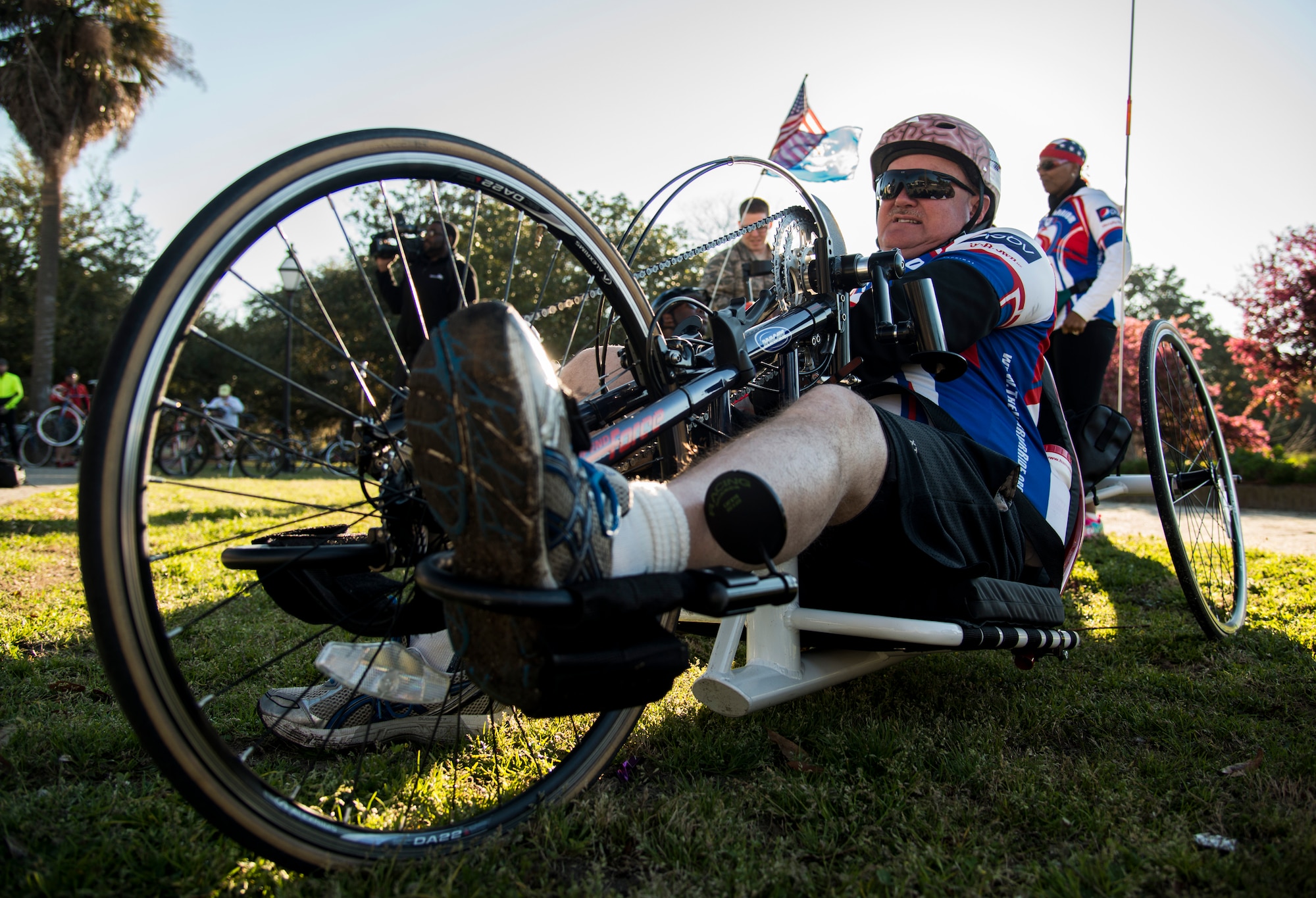 Ronald Mayfield, Warrior Ride cyclist, takes a moment to relax on his bike March 21, 2014, at the Hampton Park in North Charleston, S.C. In 1996, Mayfield received head injuries that caused severe weakness on his right side along with a speech impediment. After years of recovery, Mayfield’s speech has greatly improved and he is now one of the Warrior Ride’s strongest cyclists. The Warrior Ride is a non-profit organization that uses adaptive bicycling and other morale building events, such as kayaking and golf, as a tool for recreation and rehabilitation for our injured war heroes.  (U.S. Air Force photo/Airman 1st Class Clayton Cupit)