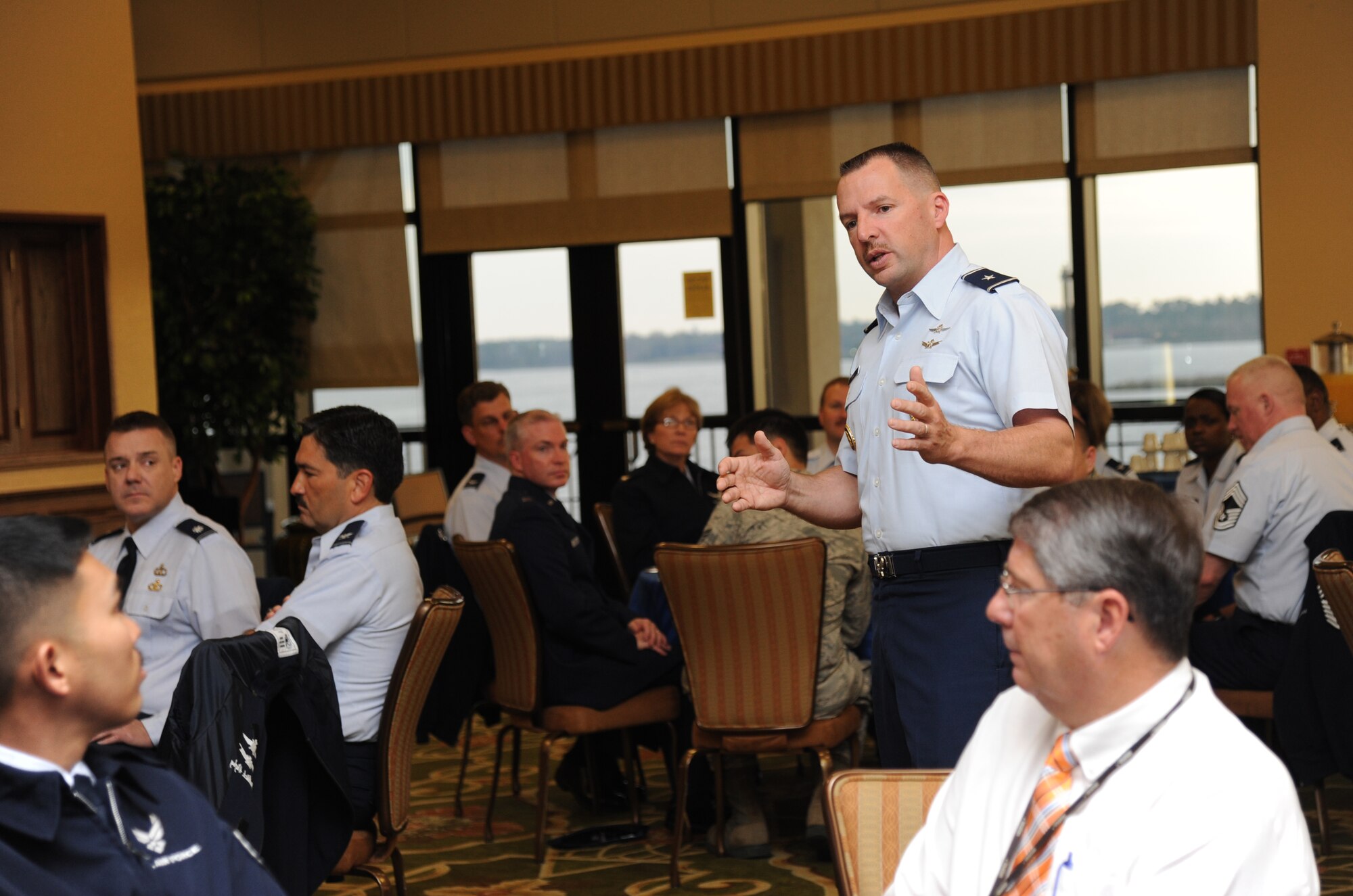 Brig. Gen. Patrick Higby, 81st Training Wing commander, addresses the audience during the Air Force Assistance Fund kickoff breakfast March 24, 2014, at the Bay Breeze Event Center, Keesler Air Force Base, Miss. AFAF lends critical support to active duty and retired Airmen and their families.  (U.S. Air Force photo by Kemberly Groue)