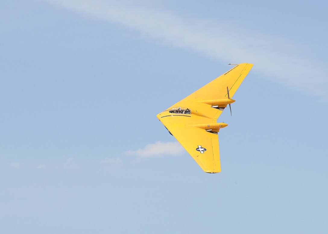 The Northrop N9MB Flying Wing, built in 1944, performed for the crowd at the First Annual L.A. County Air Show March 21. It was built as the fourth and final plane in a series of test aircraft for the Northrop XB-35 Flying Wing bombers. The aircraft was one of four prototypes built by Northrop, but the only surviving aircraft left. The 68-year-old plane is the grandfather of today's B-2 stealth bomber. The N9MB is owned and restored by the Planes of Fame Museum in Chino, Calif. (U.S. Air Force photo by Kenji Thuloweit)