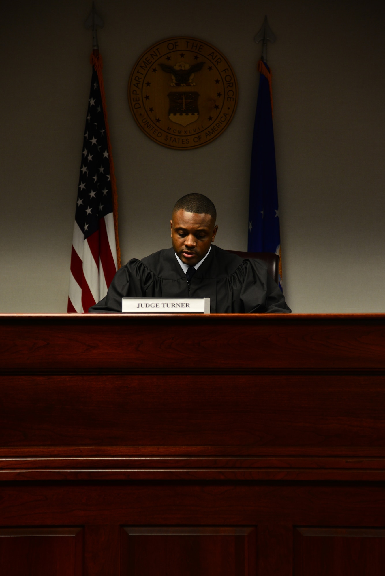 U.S. Air Force Staff Sgt. Damar Turner, 633rd Force Support Squadron Airman Leadership School instructor, instructs a jury before deliberation during a “Got Consent?” mock trial at Langley Air Force Base, Va, March 21, 2014. During the simulated trial, Airmen were able to experience the proceedings of a sexual assault case from events leading to the assault to the verdict. Turner hails from Queens, N.Y. (U.S. Air Force photo by Senior Airman Aubrey White/Released)