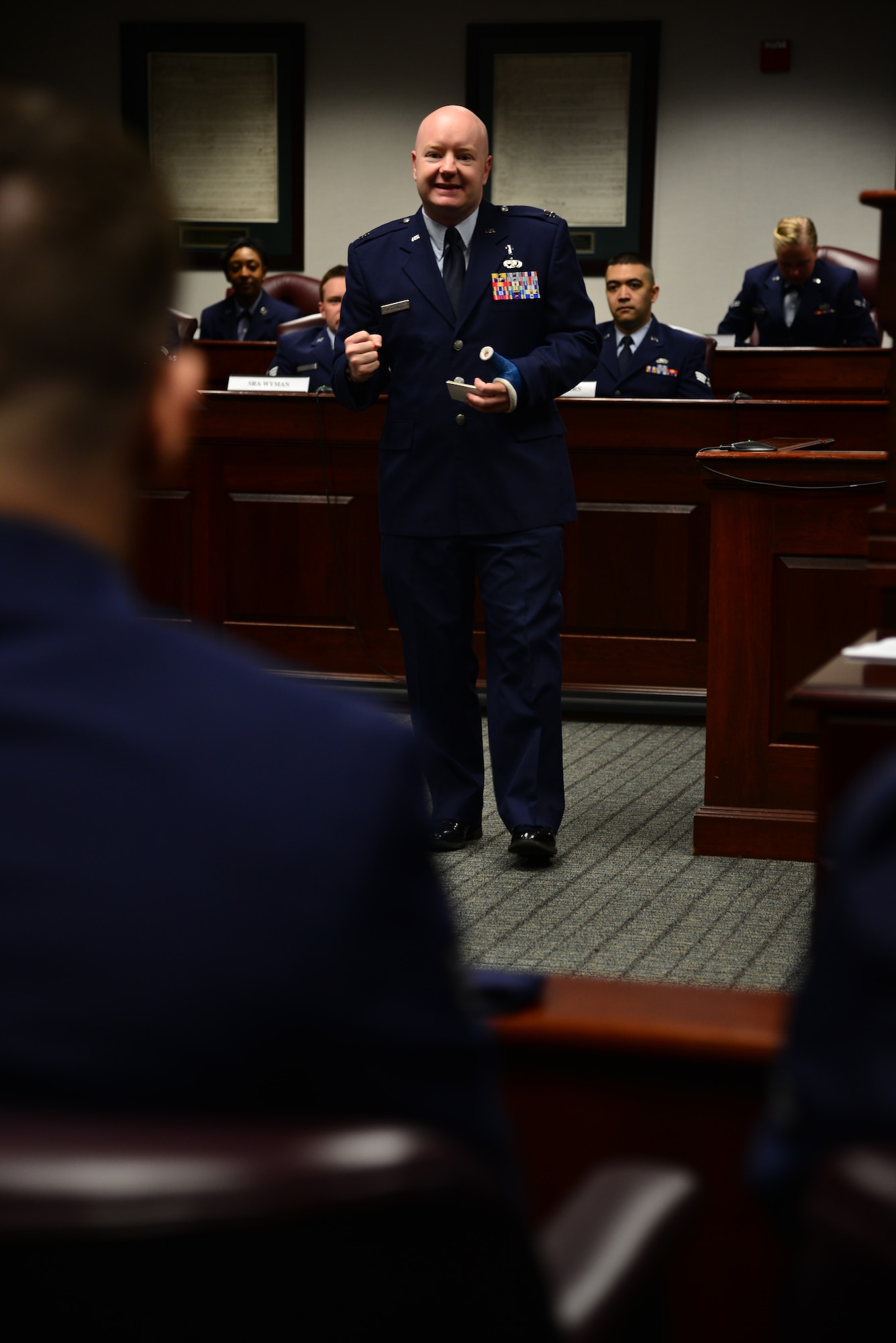 U.S. Air Force Chaplain (Capt.) Michael McDonald, 633rd Air Base Wing chaplain, discusses the differences between male and female perceptions during a “Got Consent?” mock trial at Langley Air Force Base, Va., March 21, 2014. McDonald talked about misunderstandings that can occur when men and women don’t properly communicate with each other. McDonald and hails from Bellefontaine, Ohio. (U.S. Air Force photo by Senior Airman Aubrey White/Released)
