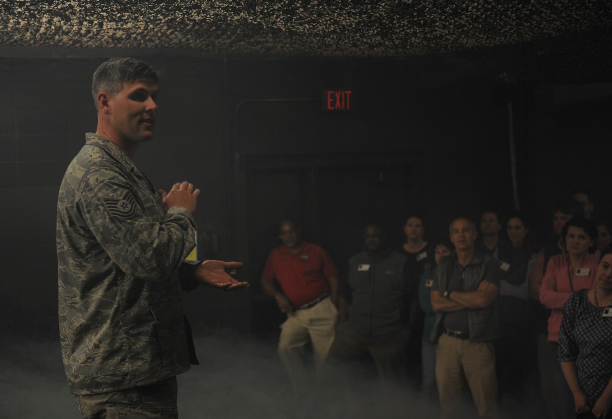 U.S. Air Force Tech. Sgt. Cory Hebb, 820th Combat Operations Squadron NCO in charge of innovative combat equipment, briefs members of Leadership Georgia at Moody Air Force Base, Ga., March 21, 2014. Members of Leadership Georgia were able to participate in engagement skills training to get a complete understanding of what members do while deployed. (U.S. Air Force Senior Airman Olivia Bumpers/Released)  