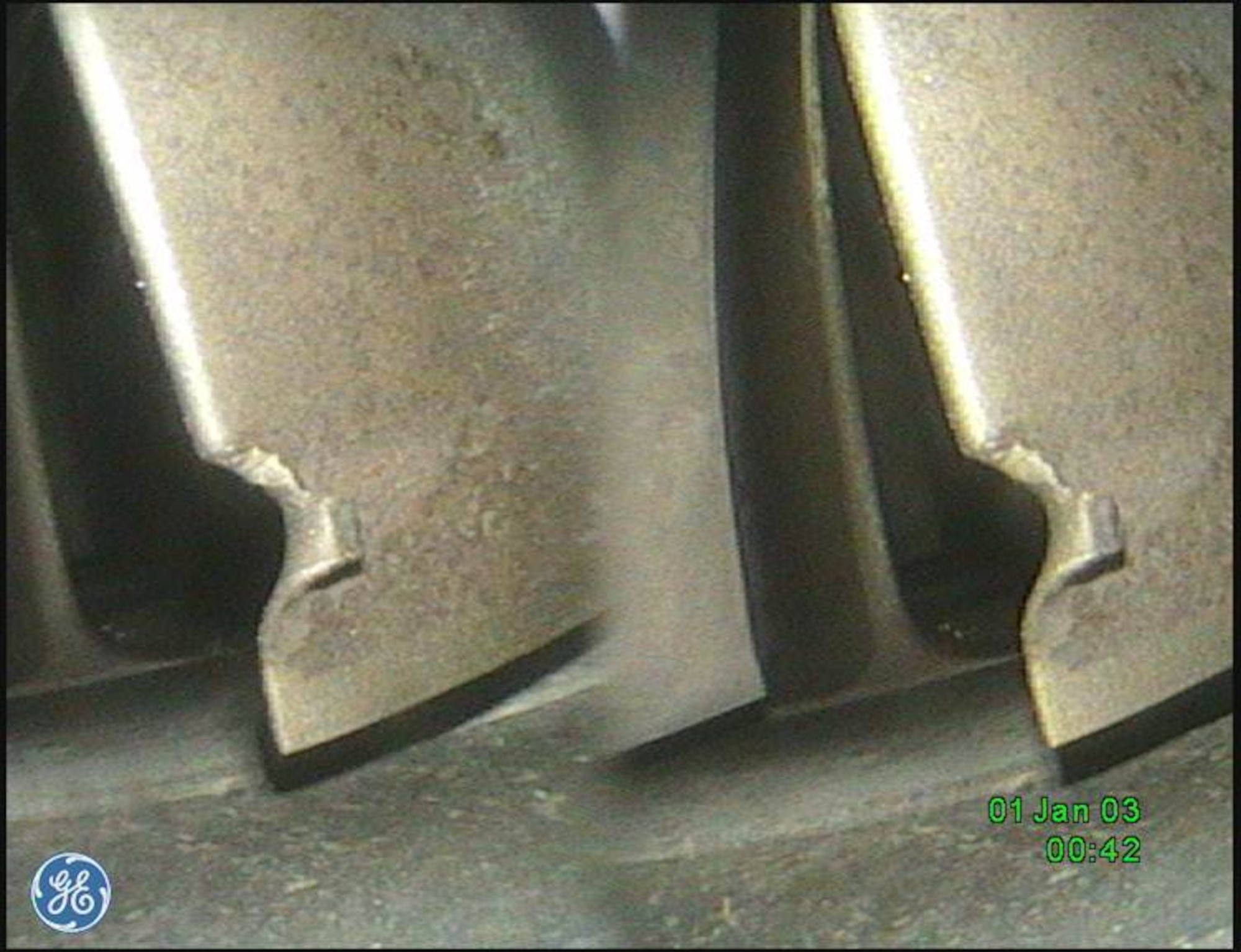 A photo of foreign object damage to compressor blades. The new Wolf Blending Scope tool purchased by the 55th Aerospace Maintenance Squadron will allow Offutt maintainers to repair damage to the blades inside aircraft engines ‘on the wing’ saving in manpower and contractor repair costs. (Photo courtesy of General Electric)