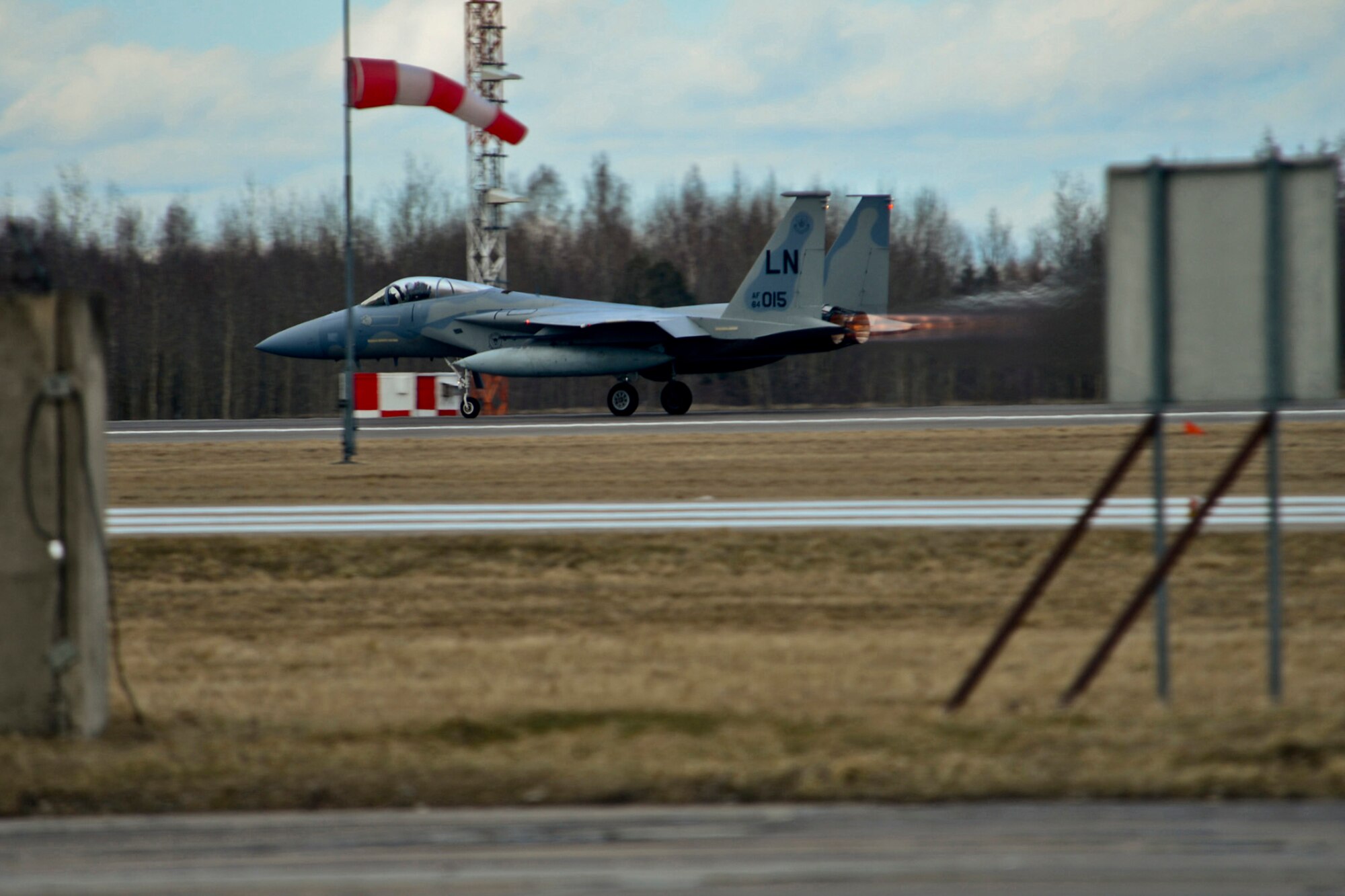 An F-15C Eagle takes off from Šiauliai Air Base, Lithuania, March 19, 2014. The 493rd Expeditionary Fighter Squadron regularly flies training missions while deployed to maintain readiness and proficiency. The U.S. Air Force F-15C Eagles' participation in the NATO Baltic Air Policing mission helps ensure a safe and stable future for the Baltics while preserving the integrity of NATO's borders and NATO security. (U.S. Air Force photo by Airman 1st Class Dana J. Butler/Released)