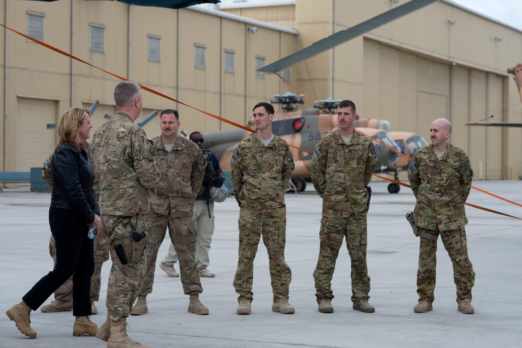 Secretary of the Air Force Deborah Lee James visits Airmen assigned to the 438th Air Expeditionary Wing/NATO Air Training Command-Afghanistan March 21, 2014, in Kabul, Afghanistan. James was on a three-day visit with Airmen in Afghanistan. (U.S. Air Force photo by Tech. Sgt. Jason Robertson/Released)