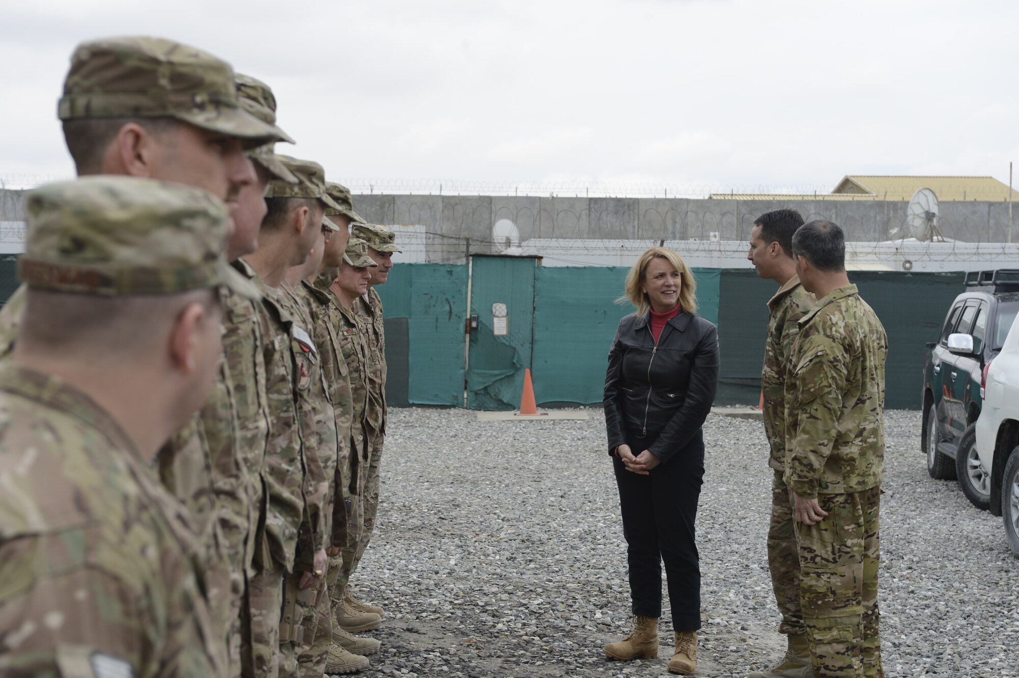 Secretary of the Air Force Deborah Lee James visits Airmen assigned to the 438th Air Expeditionary Wing/NATO Air Training Command-Afghanistan March 21, 2014, in Kabul, Afghanistan. James was on a three-day visit with Airmen in Afghanistan. (U.S. Air Force photo by Tech. Sgt. Jason Robertson/Released)   
