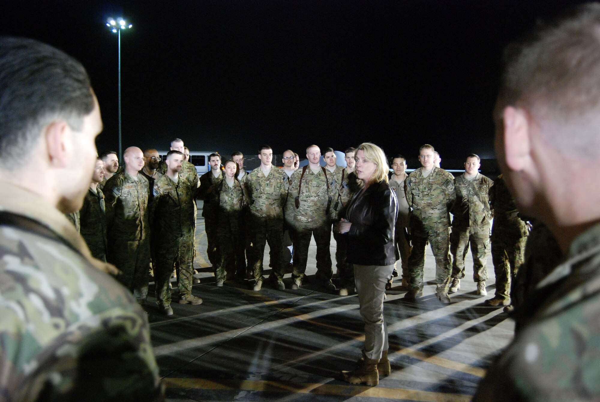 Secretary of the Air Force Deborah Lee James talks with Airmen from the 451st Air Expeditionary Group, March 20, 2014 at Kandahar Airfield, Afghanistan. James spent the day visiting with various units around Kandahar as part of her tour to multiple stops in Afghanistan. (U.S. Air Force photo by Capt. Brian Wagner/Released)
