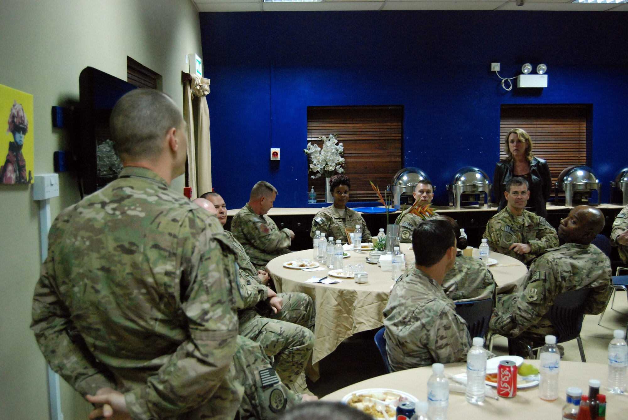 Secretary of the Air Force Deborah Lee James takes a question during a dinner with Senior Noncommissioned Officers March 20, 2014 at Kandahar Airfield, Afghanistan. James spoke about a variety of topics including force management programs and retirement of aircraft. (U.S. Air Force photo by Capt. Brian Wagner/Released)